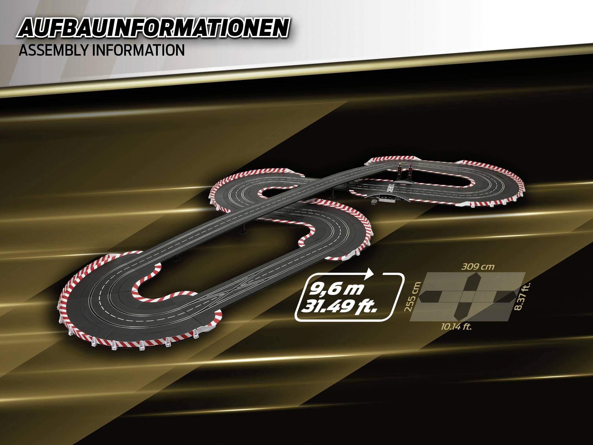 'Race track configuration with a length of 9.6 m. Contains DRS zones and overtaking opportunities. Suitable for thrilling races.'