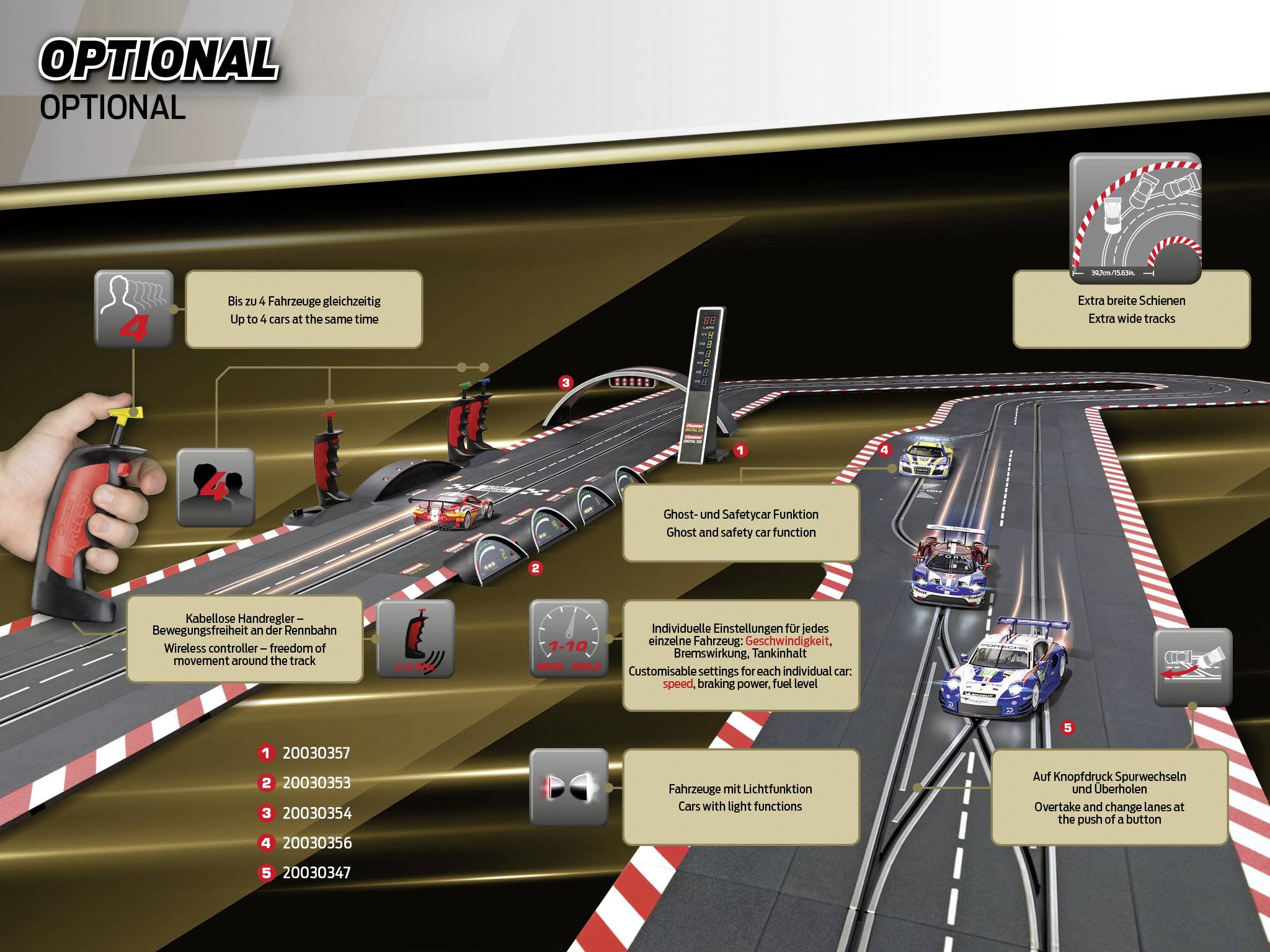'Illustration of a toy racing track with multiple lanes and cars. Demonstrates features such as ghost car and track lighting.'