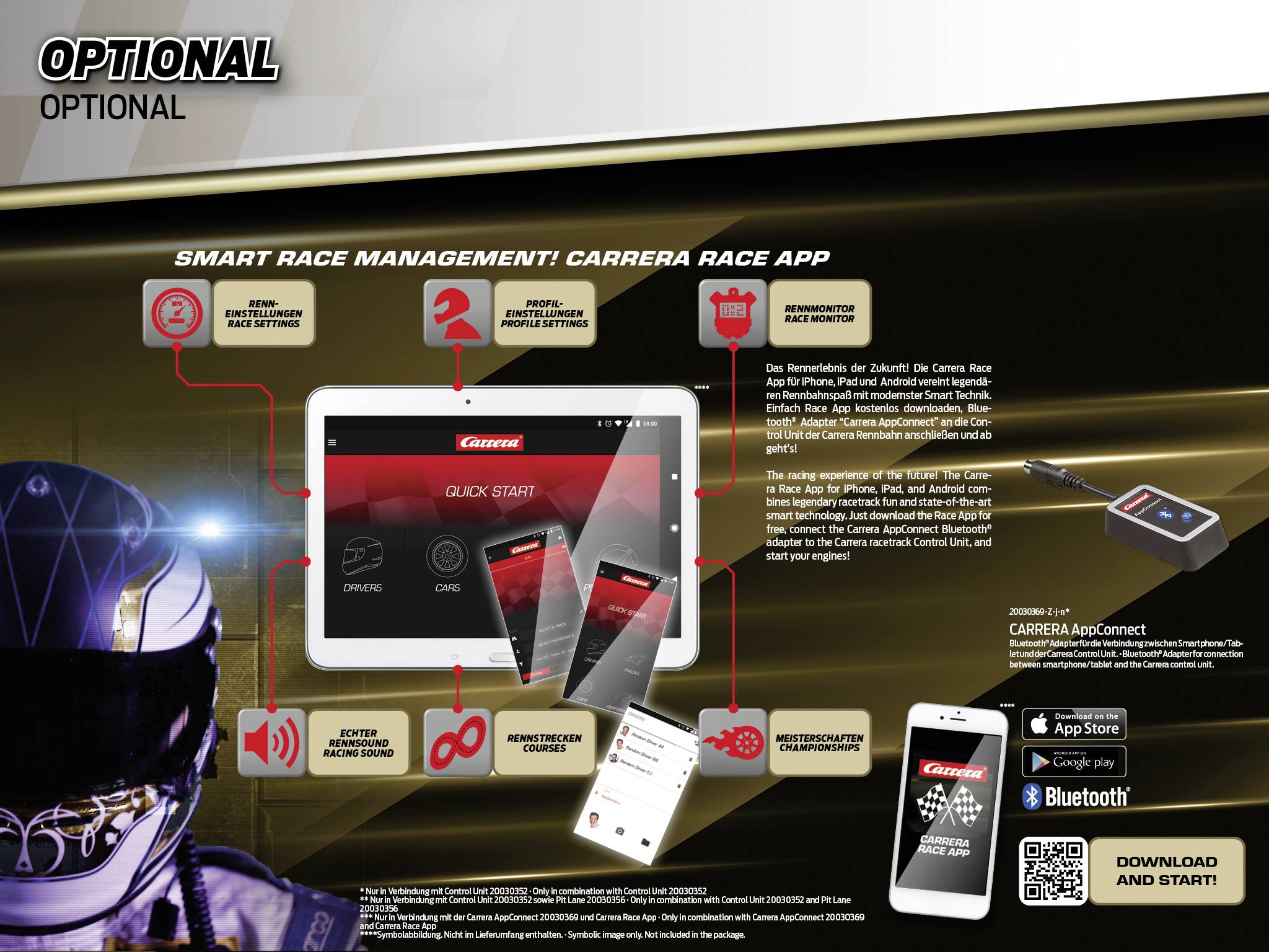 Tablet with Carrera Race App. Functions: Vehicle management, professional statistics, fuel warning, race management, and sounds. Can be controlled via smartphone.