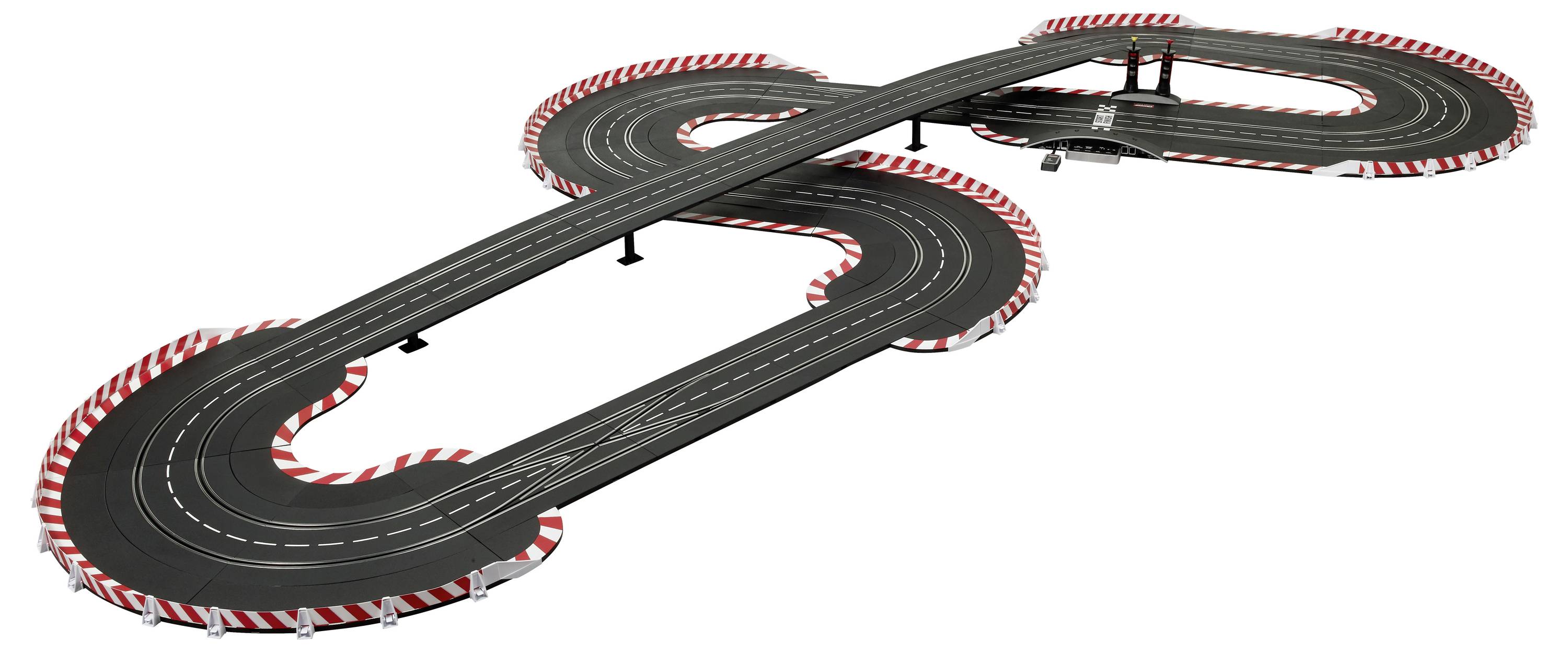 Toy racing track with curves and bridge, red and white striped border, black road surfaces, suitable for car racing.