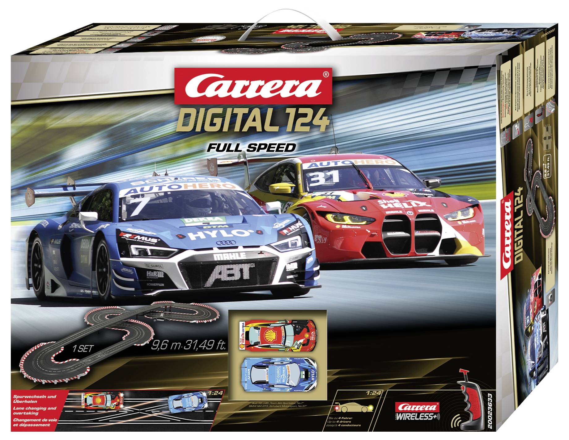 Packaging for a Carrera Digital 124 race track set. Shows two racing cars, track layout, and accessories. Includes wireless control.