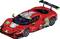 Red racing car with white stripes and green accents, number 21, stickers and logos of various brands on the car.