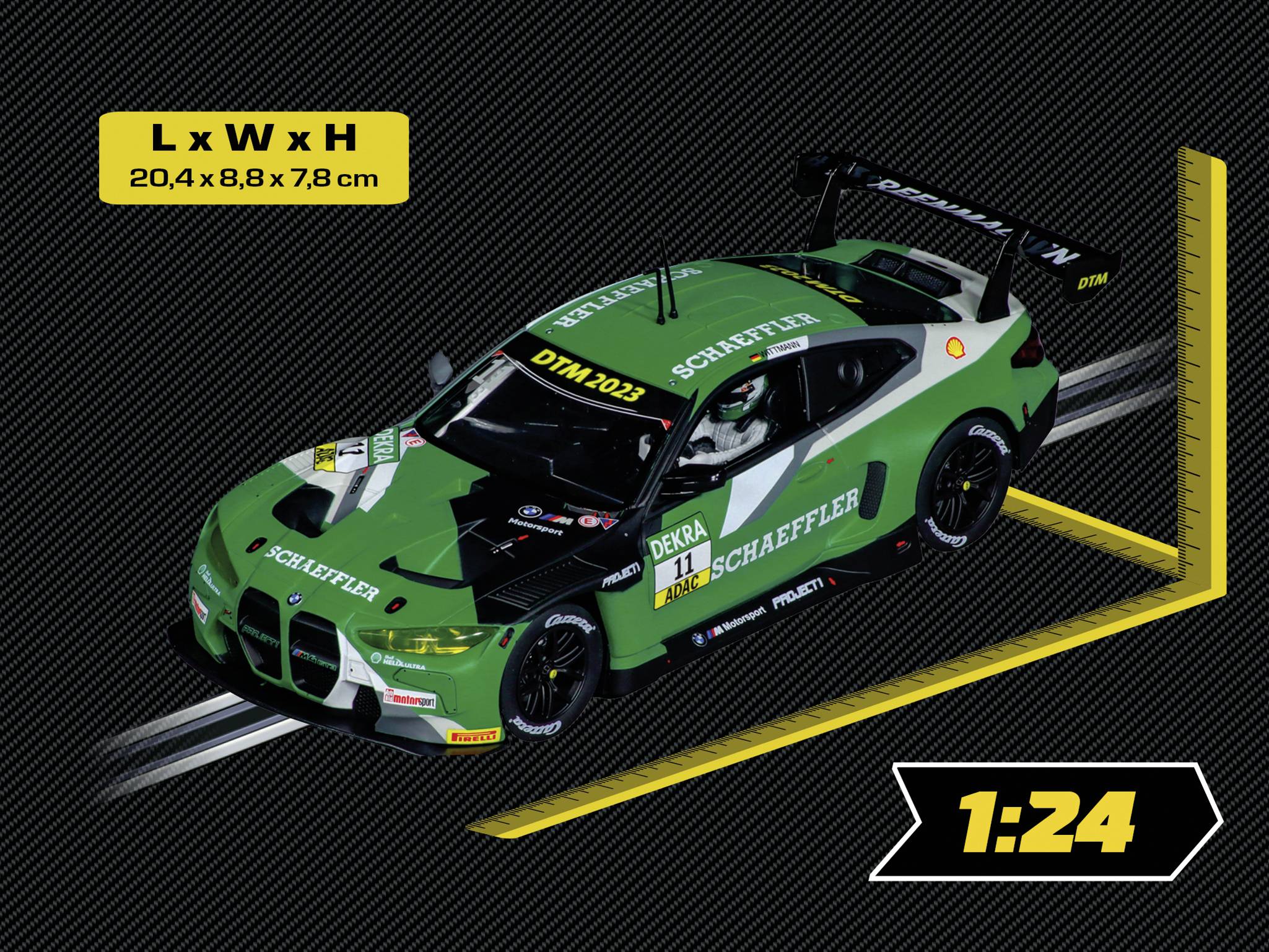 A green DTM racing car at a scale of 1:24 with dimensions of 20.4 x 8.8 x 7.8 cm. The car features sponsor logos, including 'Schaeffler'.