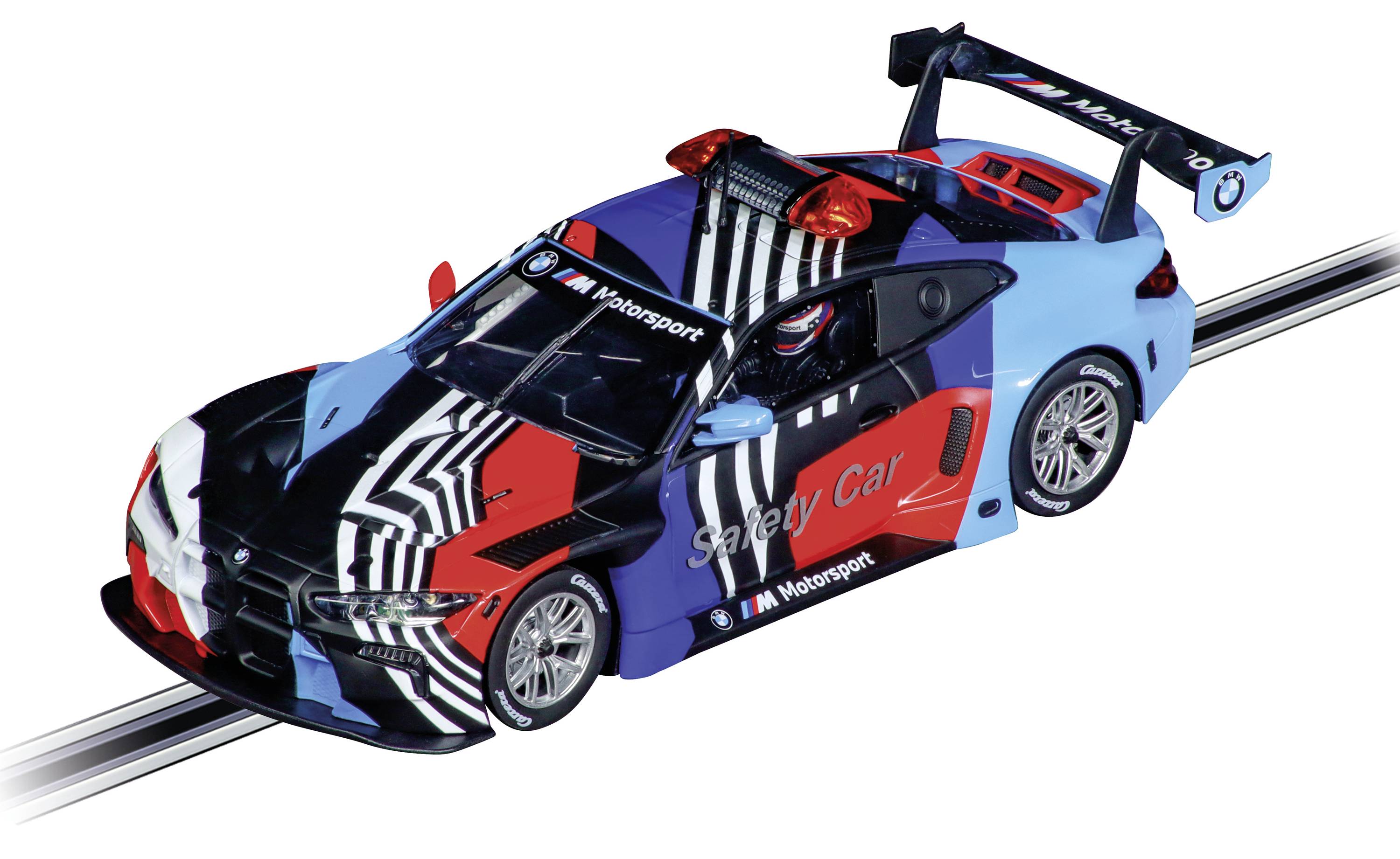 Toy car in racing car design on a track. On the side it says 'Safety Car'. Colour pattern in blue, red and black.