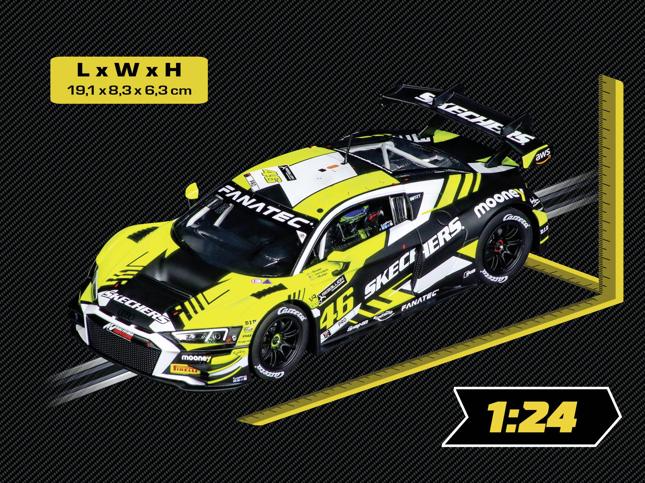 Audi R8 at 1:24 scale with yellow and black racing decals. Dimensions: 19.1 x 8.3 x 6.3 cm.