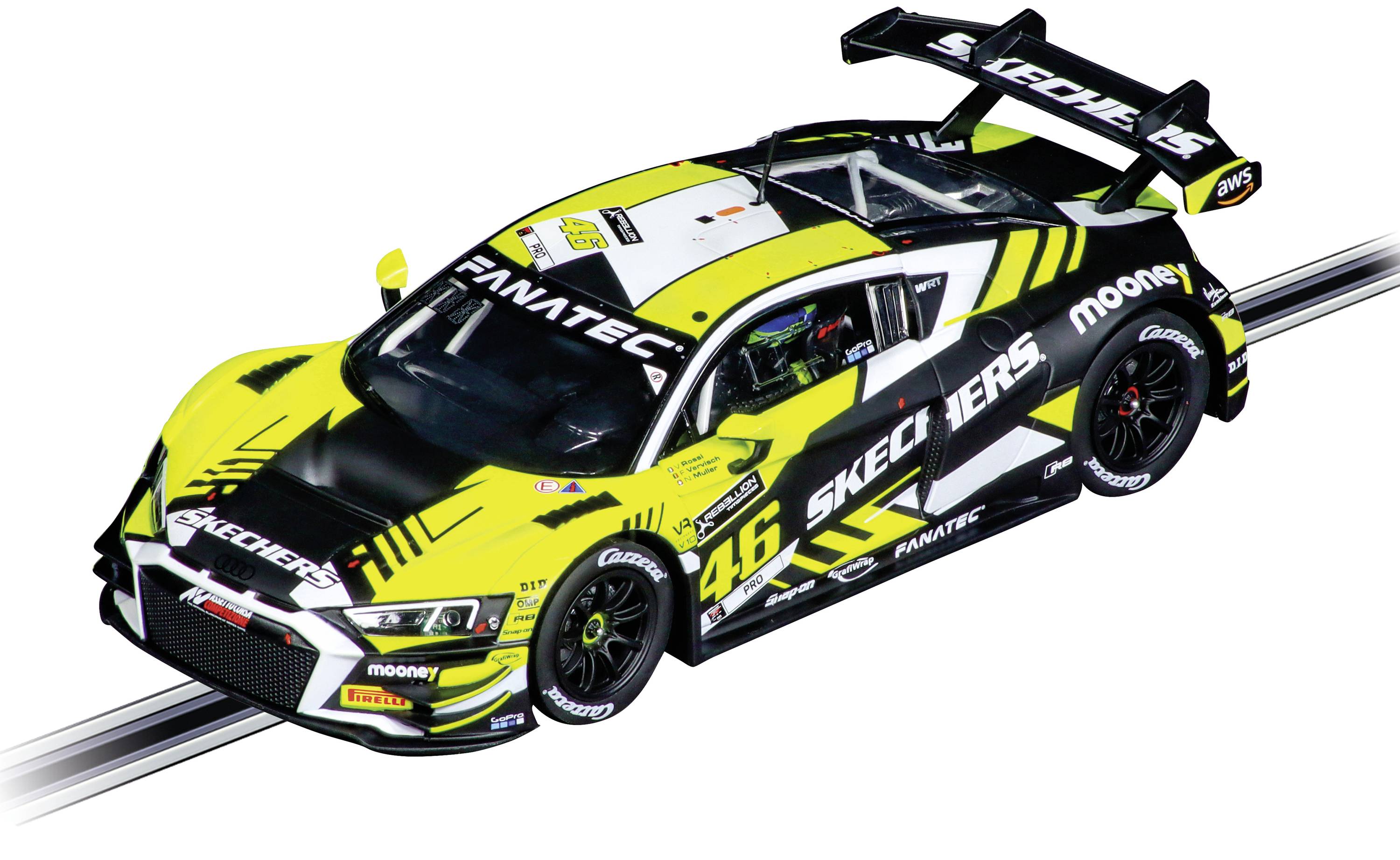 A yellow and black racing vehicle with numerous sponsor logos, including 'SKECHERS'. The design appears dynamic and sporty.