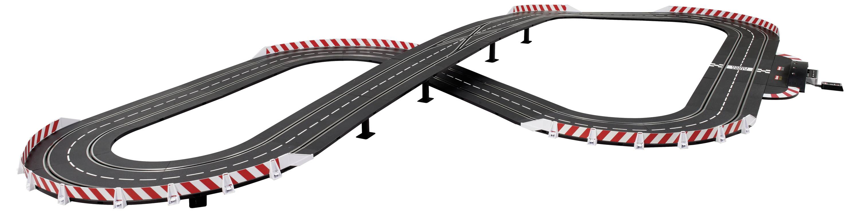 Slot car racing set with a roller coaster loop and red lane markings on the sides, set against a white background.