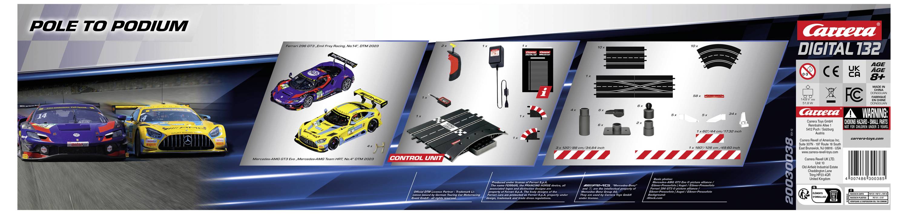 'Carrera Digital 132' Racing Track Set 'Pole to Podium' Packaging with Illustrations of Racing Cars, Track Sections and Accessories.