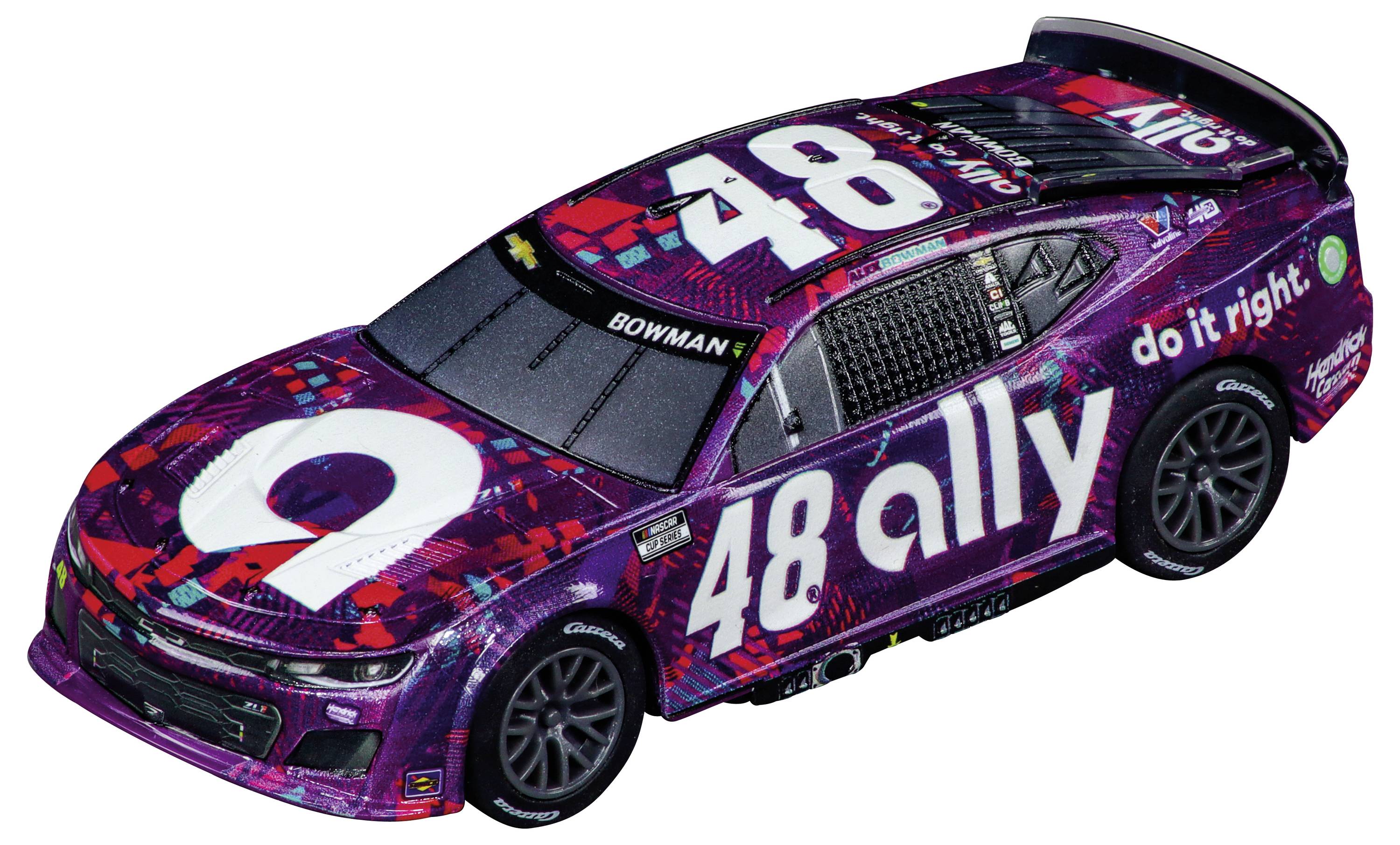 Racing car with purple design, number 48, sponsor logos 'ally' and 'do it right', driver's name above the door.