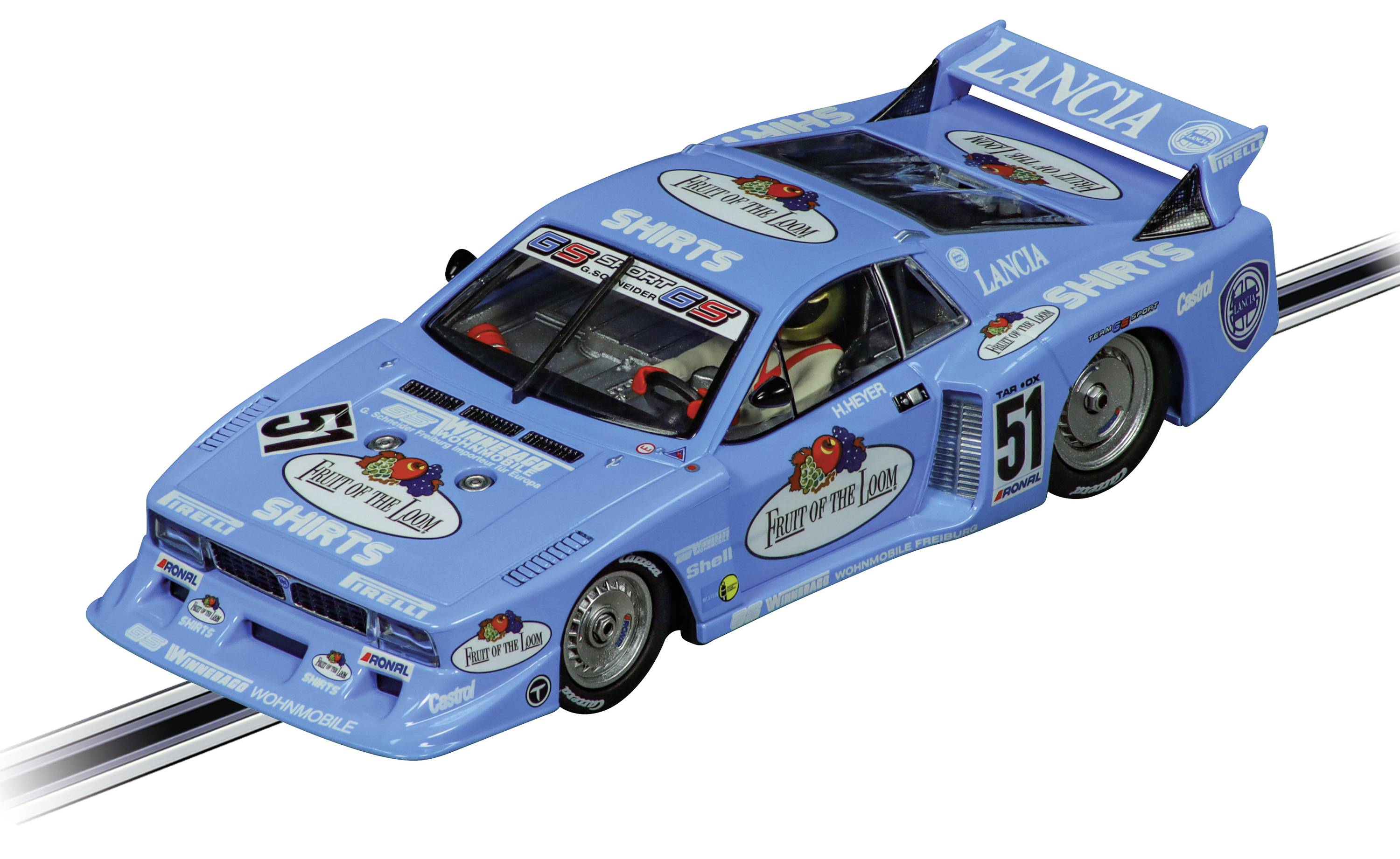 A blue toy racing car model with stripes, sponsor names, and the number 51 on the bonnet. It has racing decals.