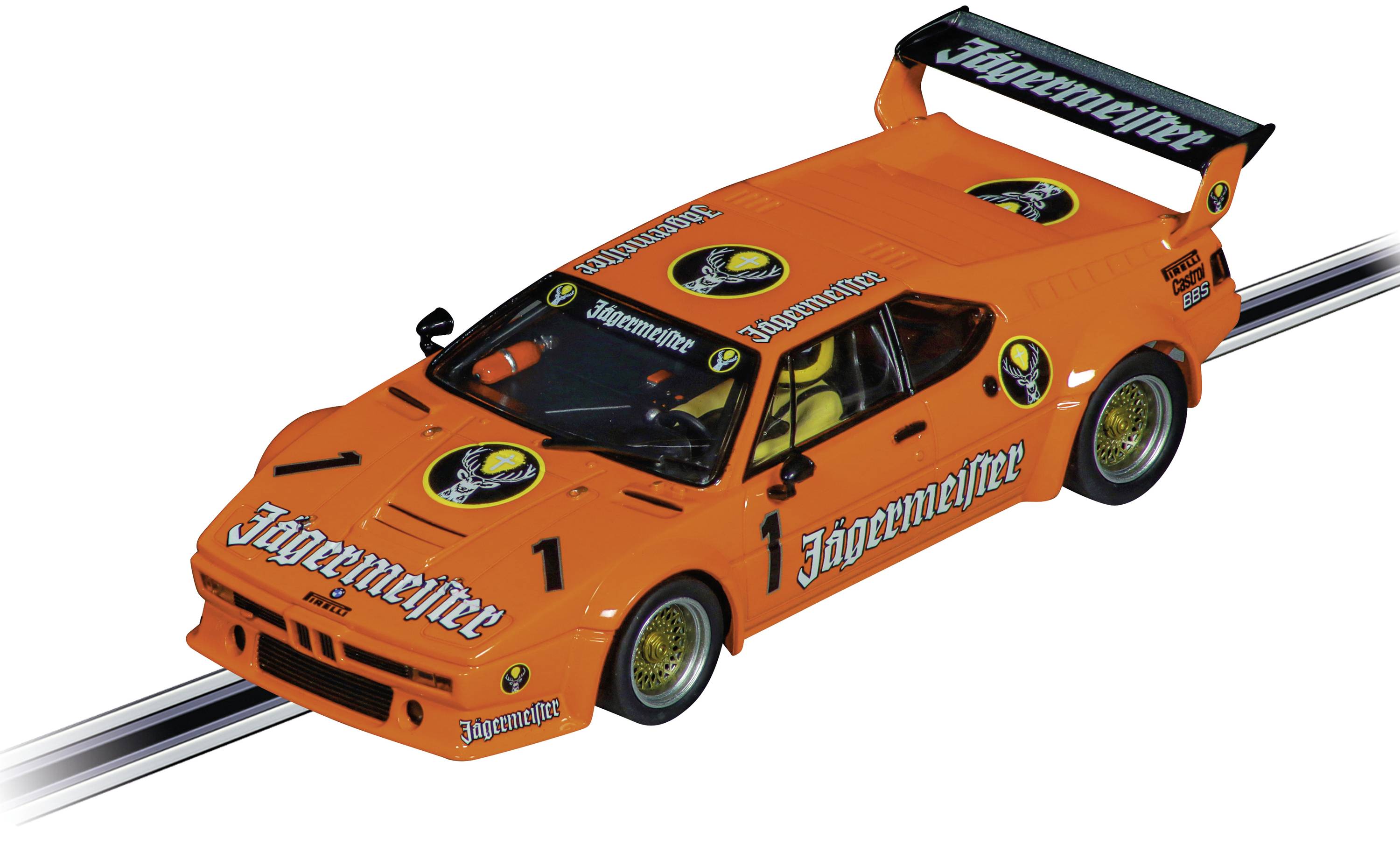 An orange racing car with 'Jägermeister' markings on the bodywork and rear spoiler on a race track.