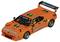 An orange toy car with 'Jägermeister' printed on the sides and roof. The car has a rear spoiler and racing decals.