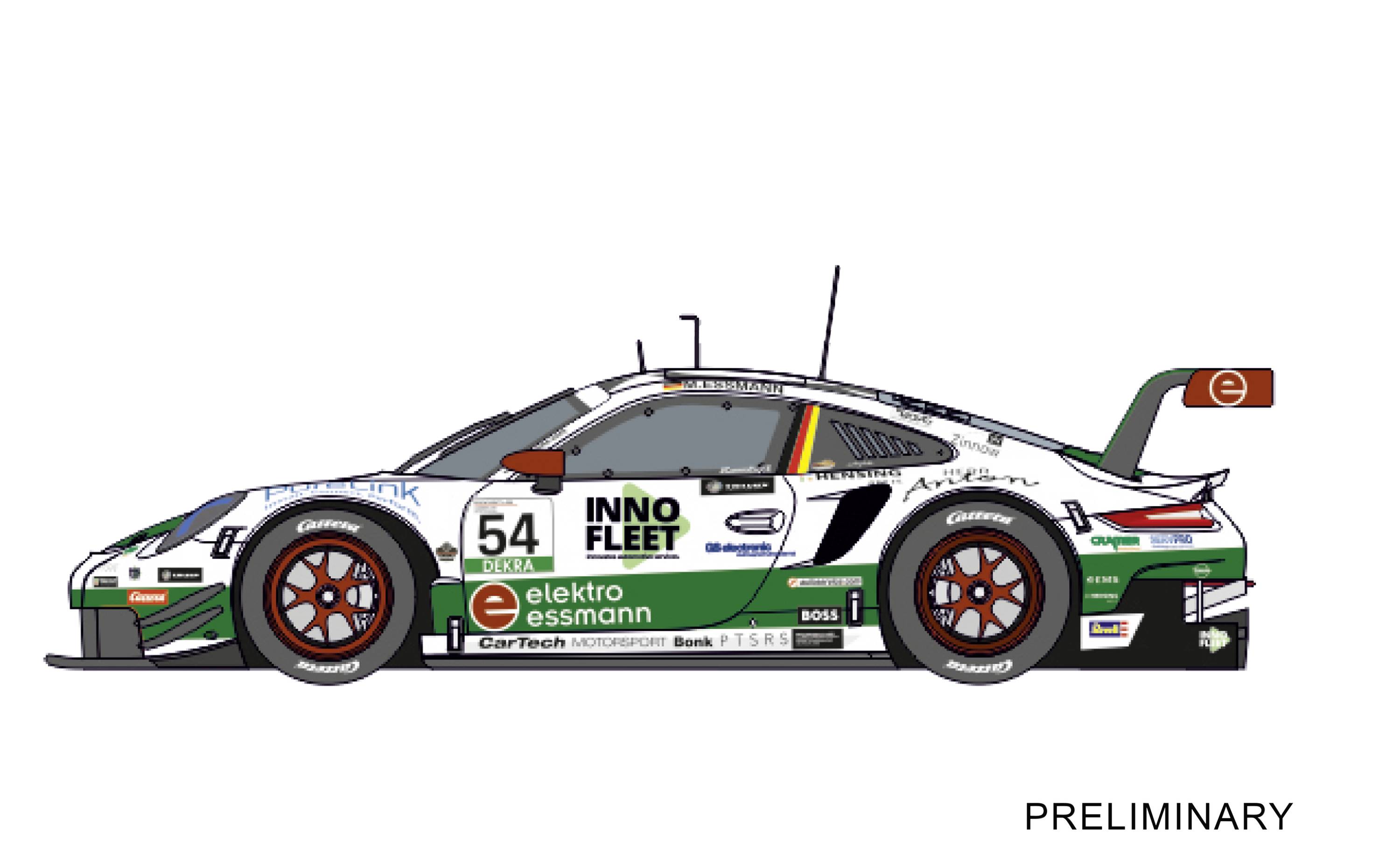 Porsche racing car in side profile with sponsor logos, race number 54, green and white design, rear spoiler and aerodynamic elements.