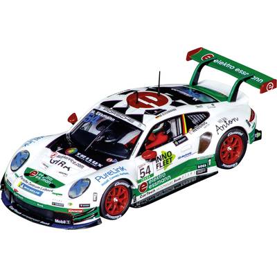 A racing car with a striking red and green paint job, brand logos, and race number 54. Sporty design with a large rear spoiler.