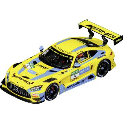 Yellow racing car with blue accents and large AMG stickers. The spoiler is prominent. Dekra and ADAC logos are visible.