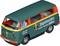 A green VW camper van with 'Jägermeister' lettering and company logo. Vintage style with red and yellow accents. Model vehicle.
