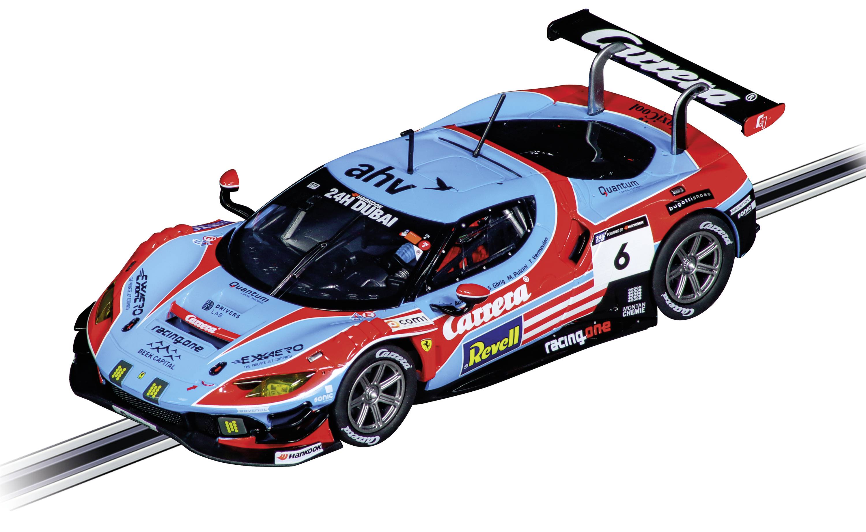 A red, blue, and black toy racing car with the number six on a Carrera race track. A sportily designed model car.