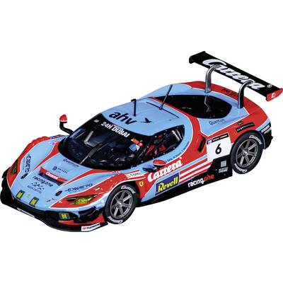 Ferrari racing car in Carrera design, number 6, painted blue and red, with sponsor decals, front view, racing '24H DUBAI'.