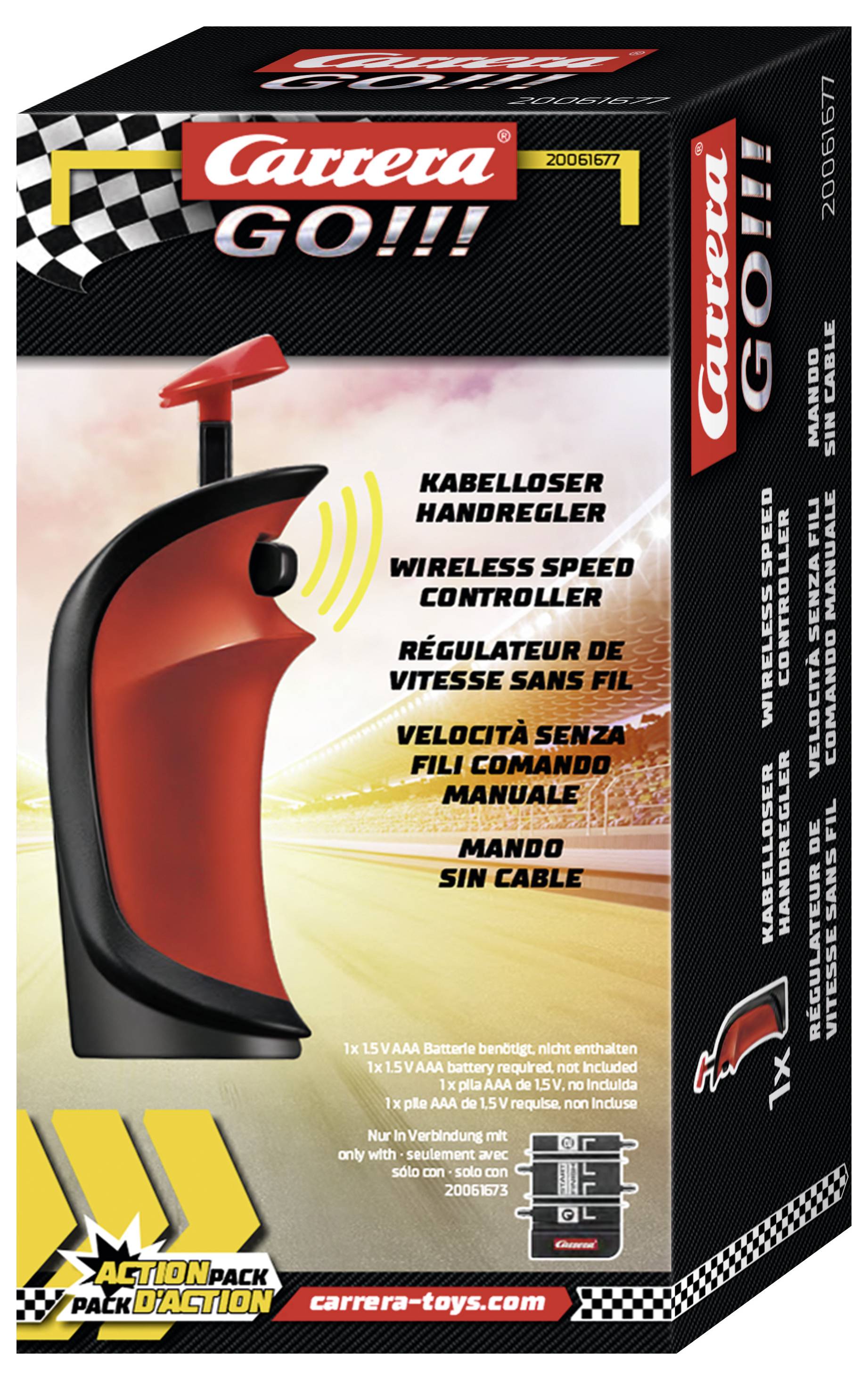 'Carrera GO!!!' Product packaging for wireless hand controller. Contains details about batteries and functions in multiple languages.<br><br>(Translated to British English while maintaining the original meaning and structure)