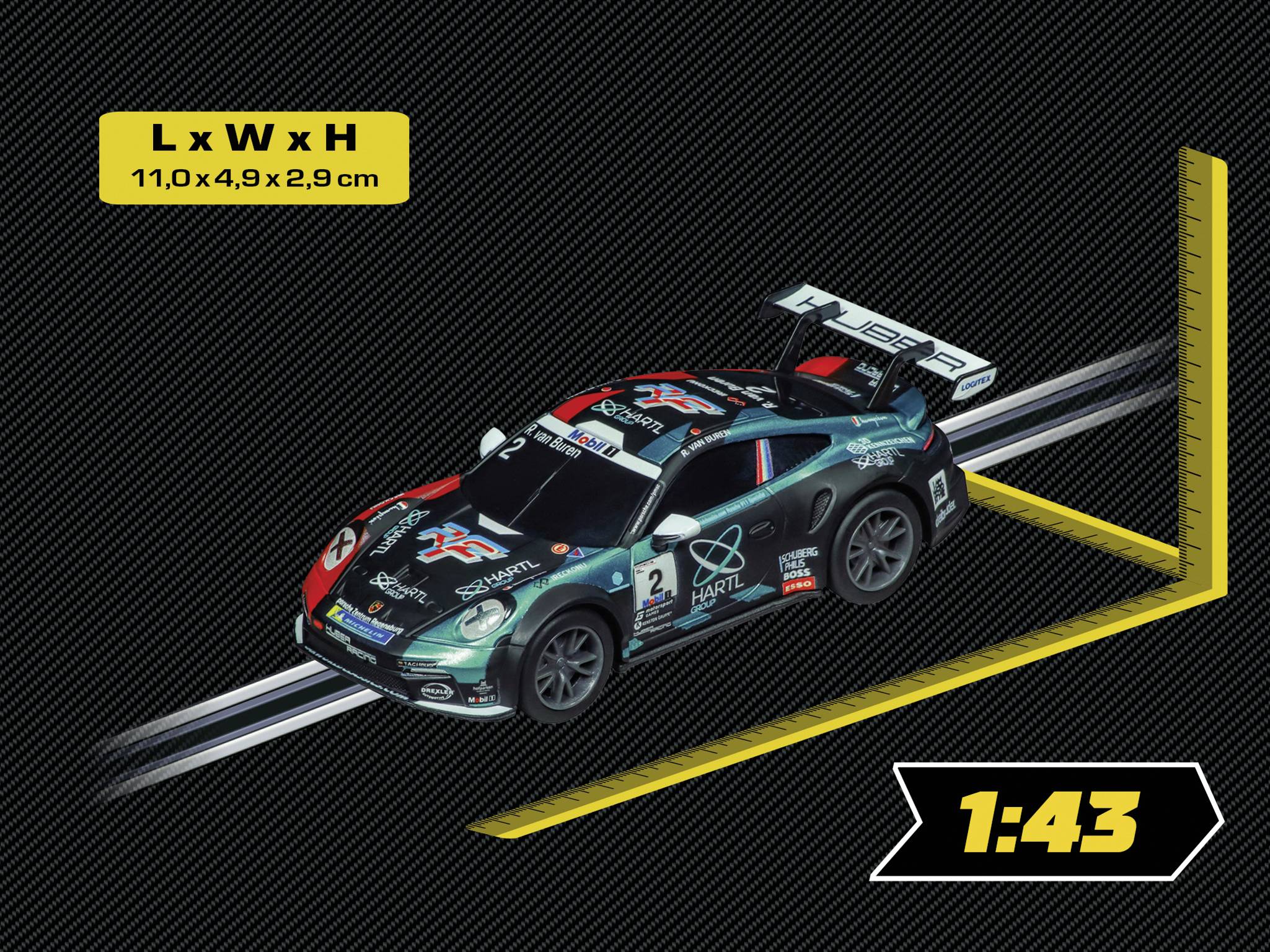 Toy car at 1:43 scale on model track, dimensions: 11.0 x 4.9 x 2.9 cm.