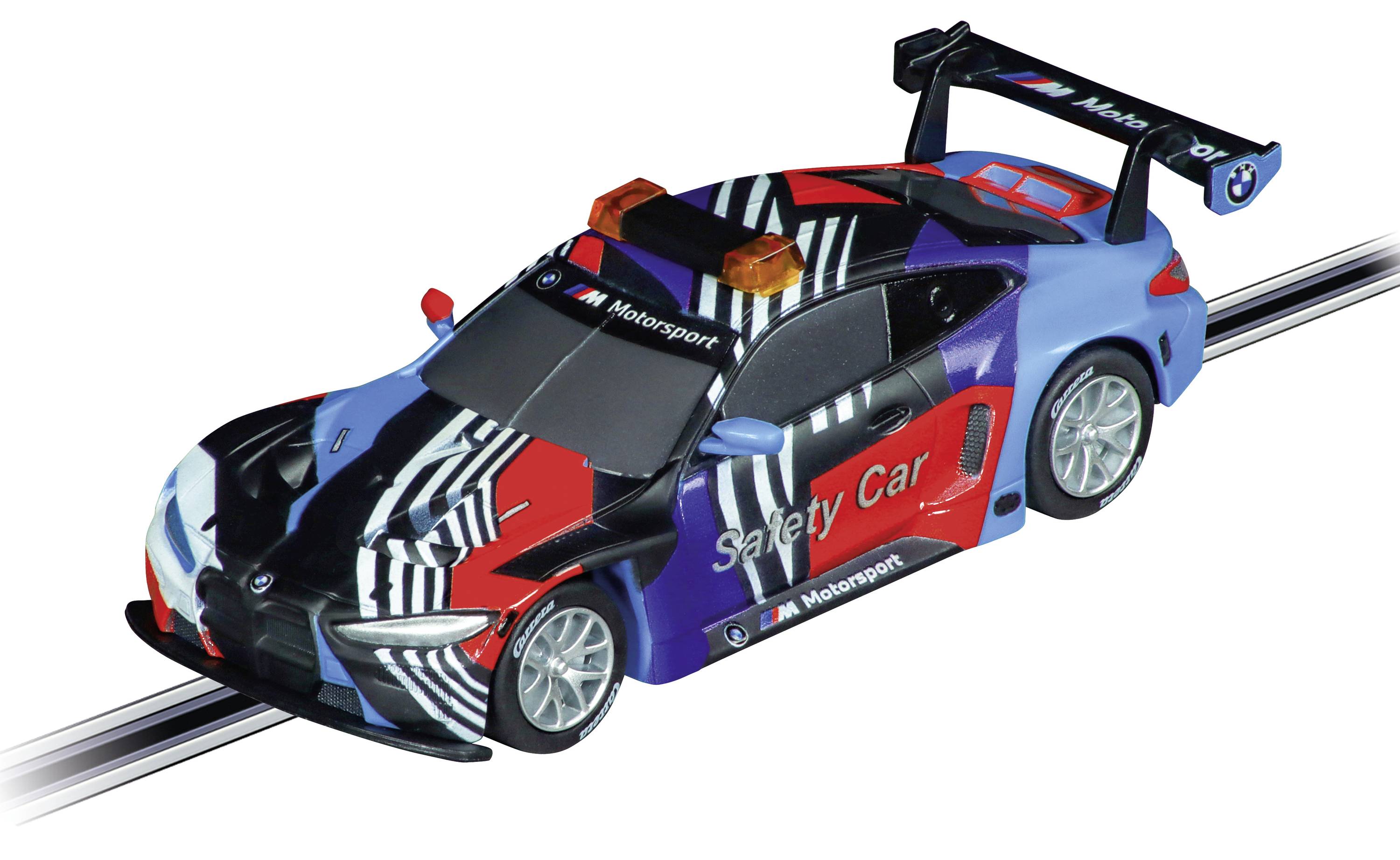 Toy racing car as a 'Safety Car' with a distinctive striped design, blue and red accents, and orange lights on top.