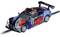 Toy racing car as a 'Safety Car' with a distinctive striped design, blue and red accents, and orange lights on top.