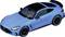Blue model car of a sports car with a black roof and rear spoiler, top view; modern look, sleek design.