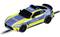 Toy police car in German style on a toy track, light blue with neon yellow stripes and 'Police' lettering.
