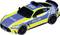 A toy model of a German police car with bright yellow and blue stripes and the inscription 'POLICE'.
