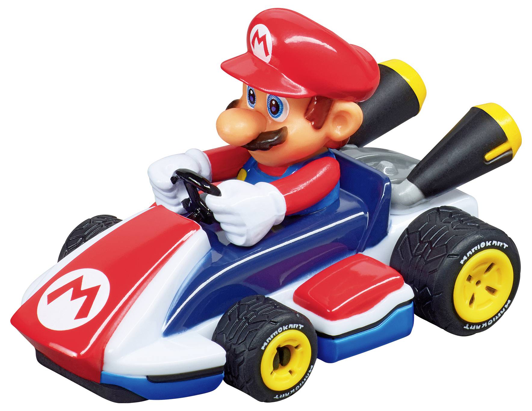 A toy character in a red outfit sits in a toy racing car with yellow wheels, ready to drive.