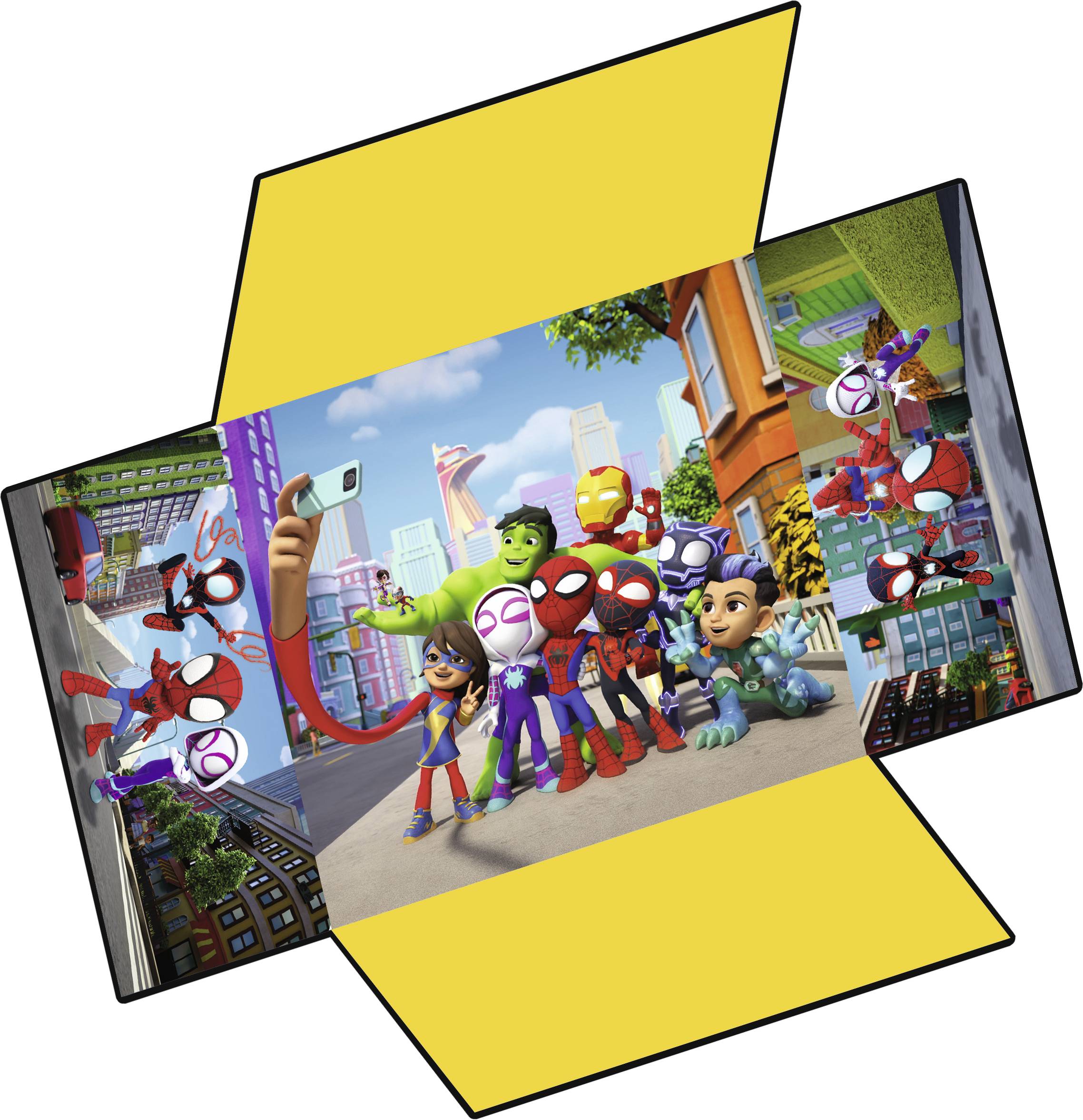 A group of animated superheroes pose for a selfie in a colourful urban setting.