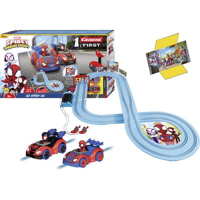 Racing track set with two toy cars and 'Spidey & Friends' design. Includes a blue track layout and theme from the comic series.