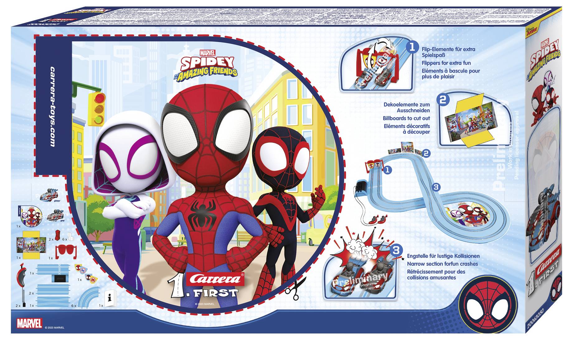 Three animated superheroes stand in a city. A racing track playset with instructions in three steps is shown beside them.