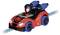 Toy car with a Spider-Man theme. The car is red and black with blue wheels. A cartoon character sits at the wheel.