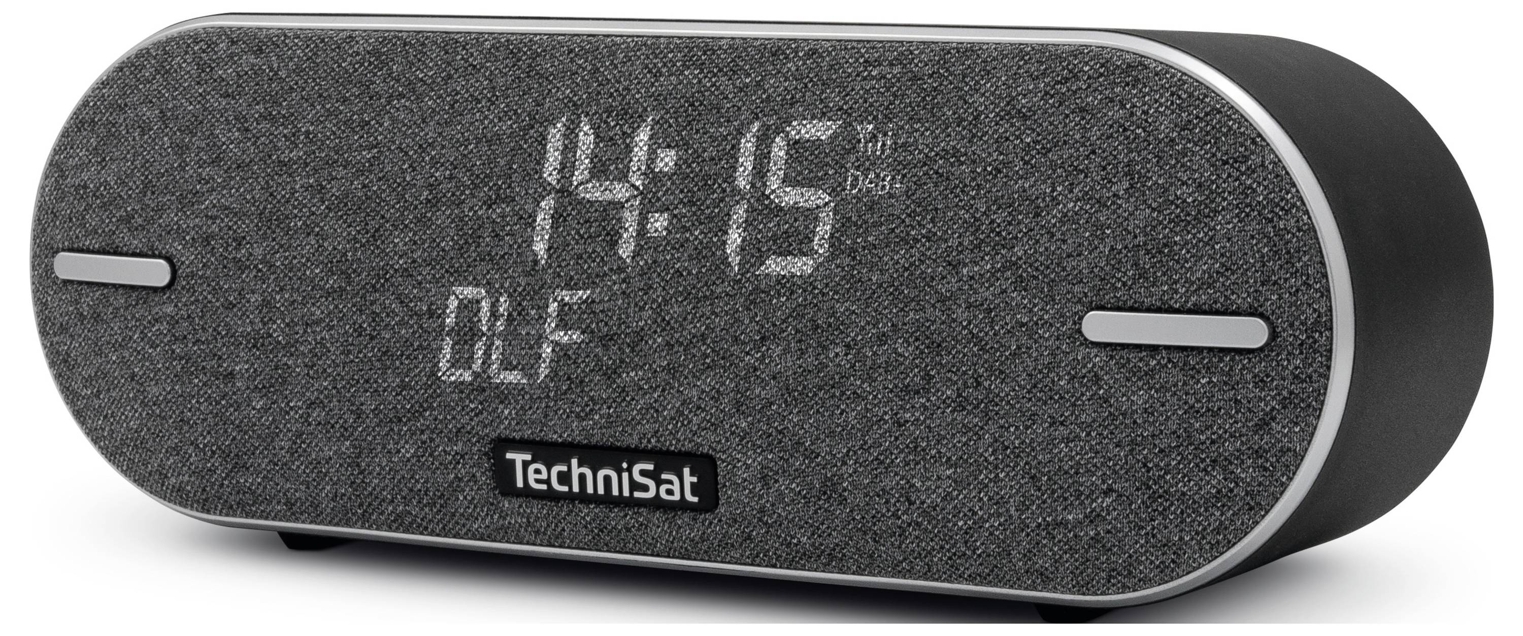 Digital alarm clock by TechniSat with a grey fabric surface shows the time as 14:49 and the radio station DLF on the LED display.