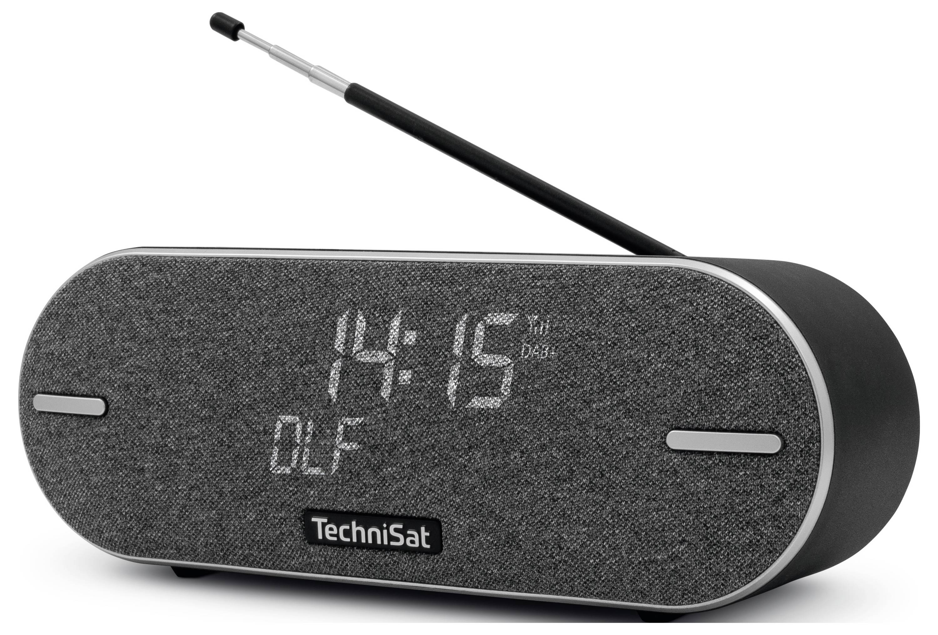 Digital radio device with text display showing '14:15' and 'OLF' on the front panel, black casing and extendable aerial on top.