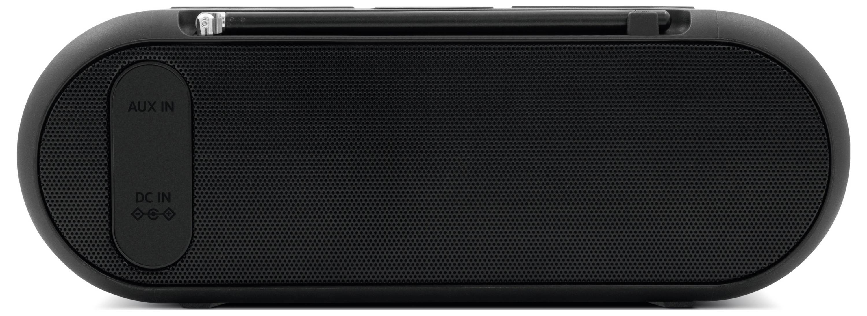 Black portable speaker with AUX-IN and DC-IN connections. Rectangular shape with rounded corners and a mesh-like front grille.