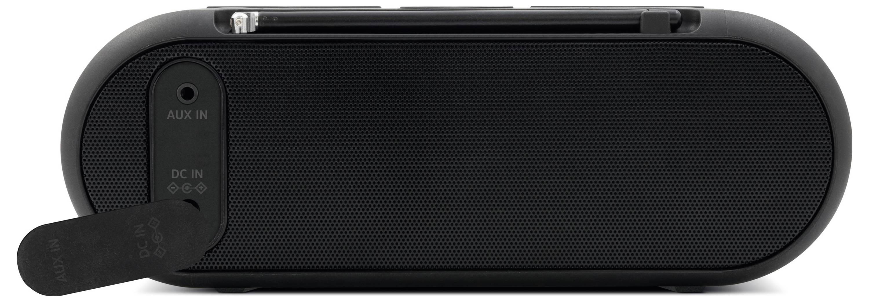 A portable speaker in black with an AUX and DC-IN port on the back.