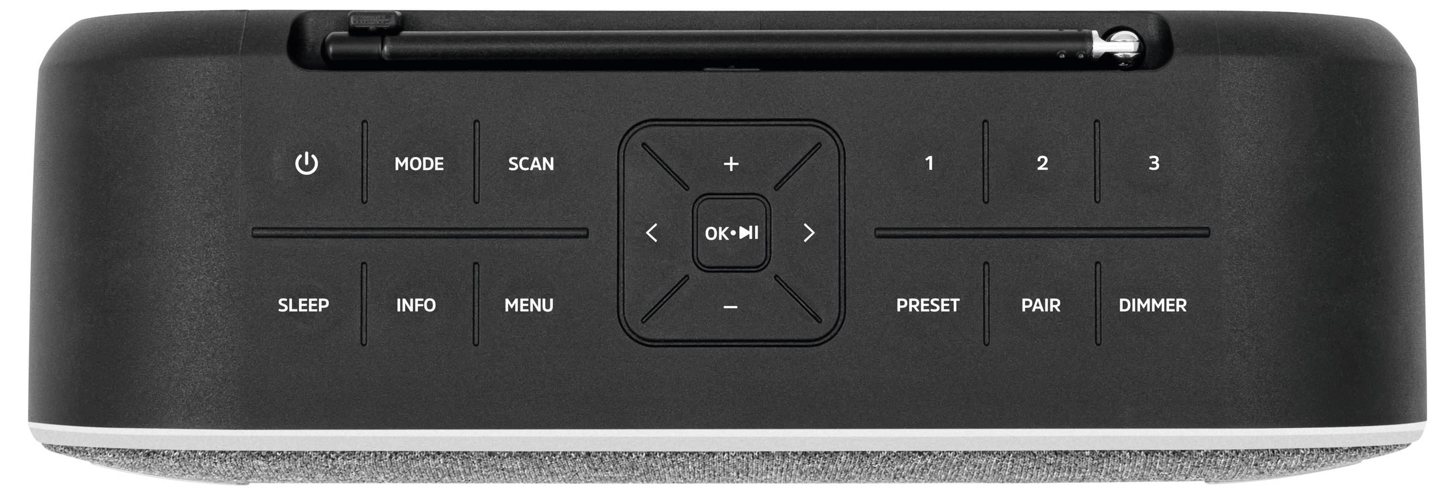 Black radio with buttons for Power On/Off, Mode, Scan, Volume, Menu, Presets, Pairing and Brightness adjustment.