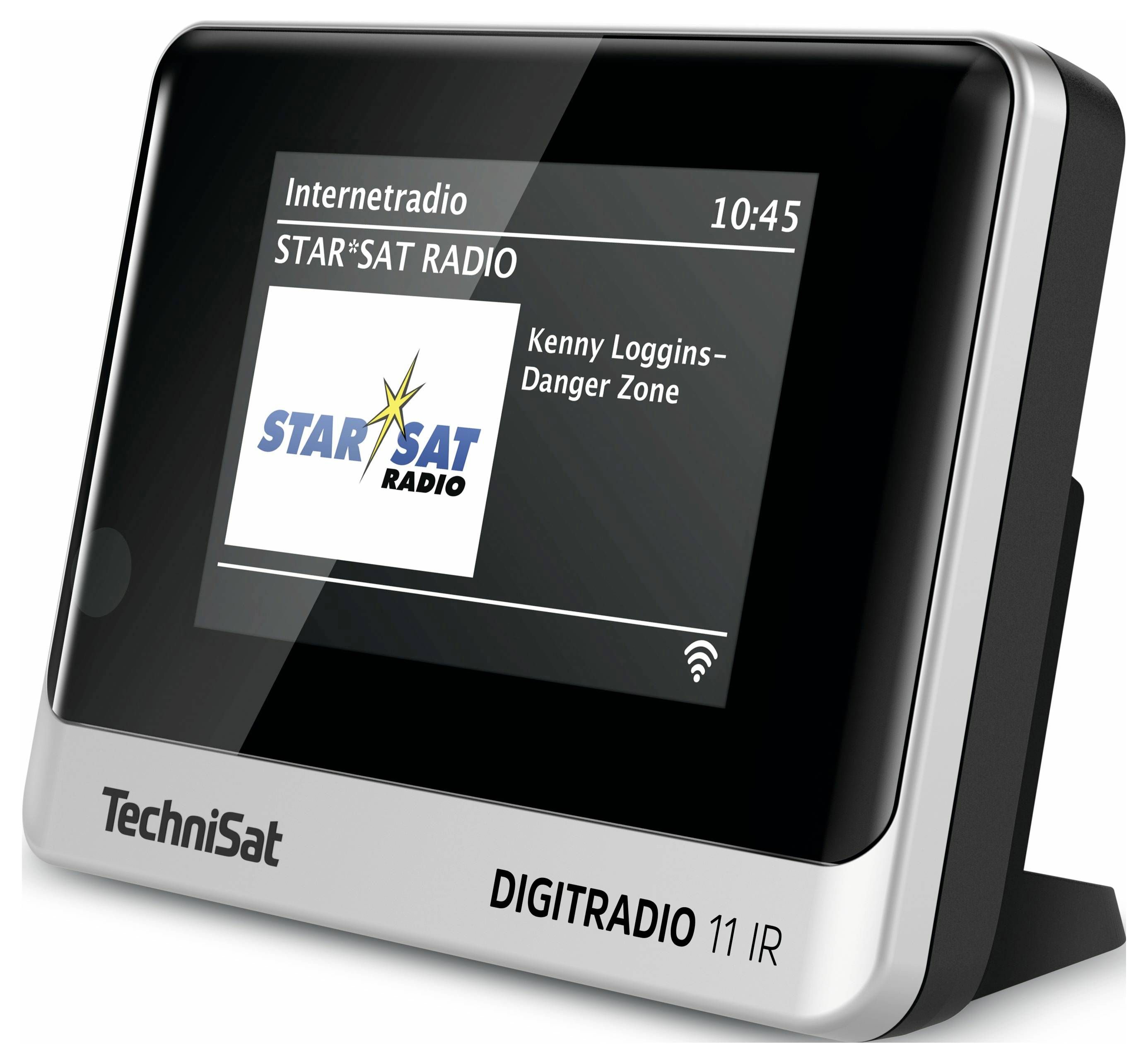 A digital radio device with a screen displaying 'Internet Radio' and the station 'STAR*SAT RADIO' with the song 'Kenny Loggins - Danger Zone'.