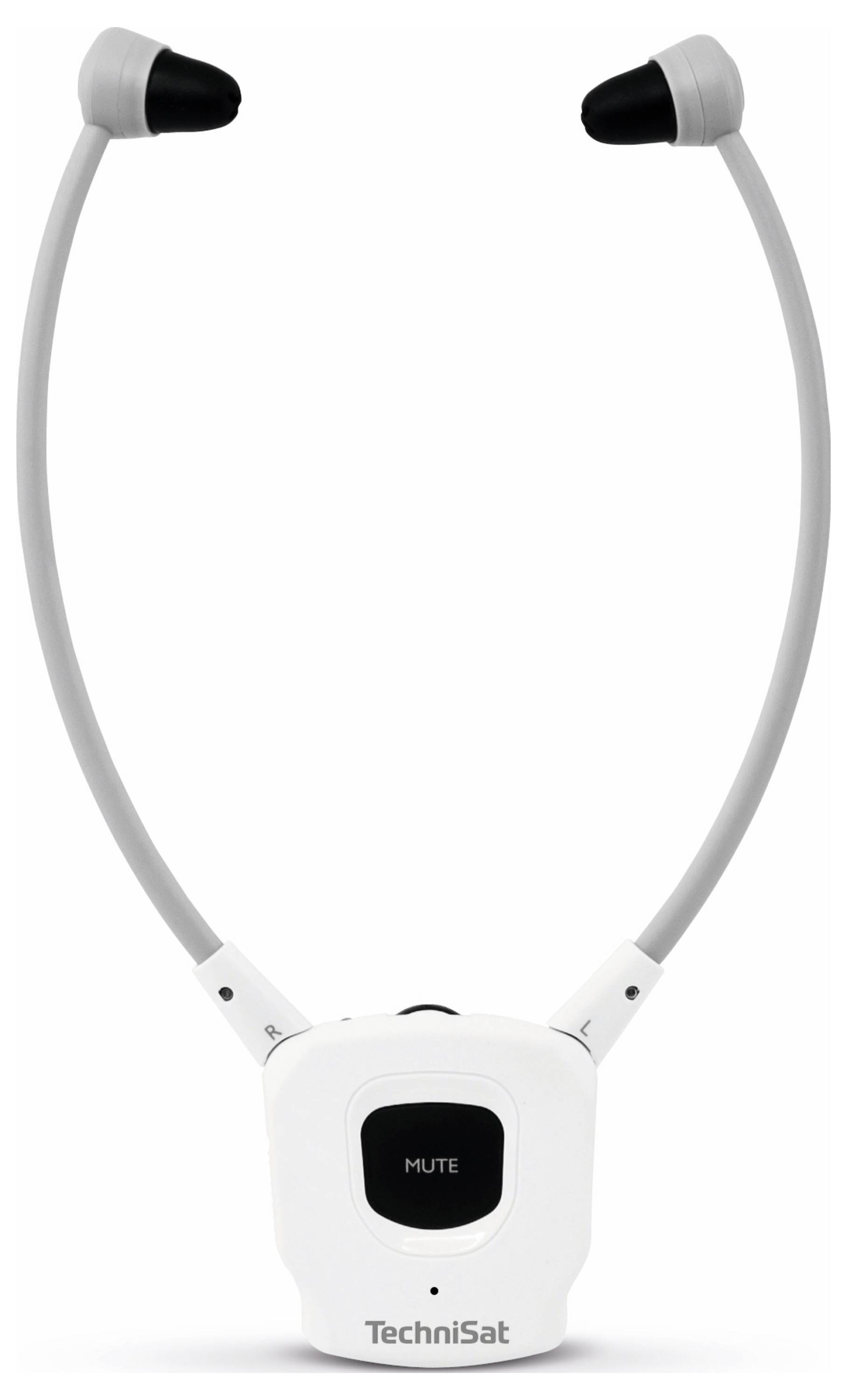 Stethoscope-style headphones by TechniSat, white with grey arms and black ear pieces, suitable for clear TV sound.