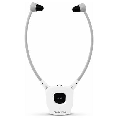 Stethoscope-style headphones by TechniSat, white with grey arms and black ear pieces, suitable for clear TV sound.