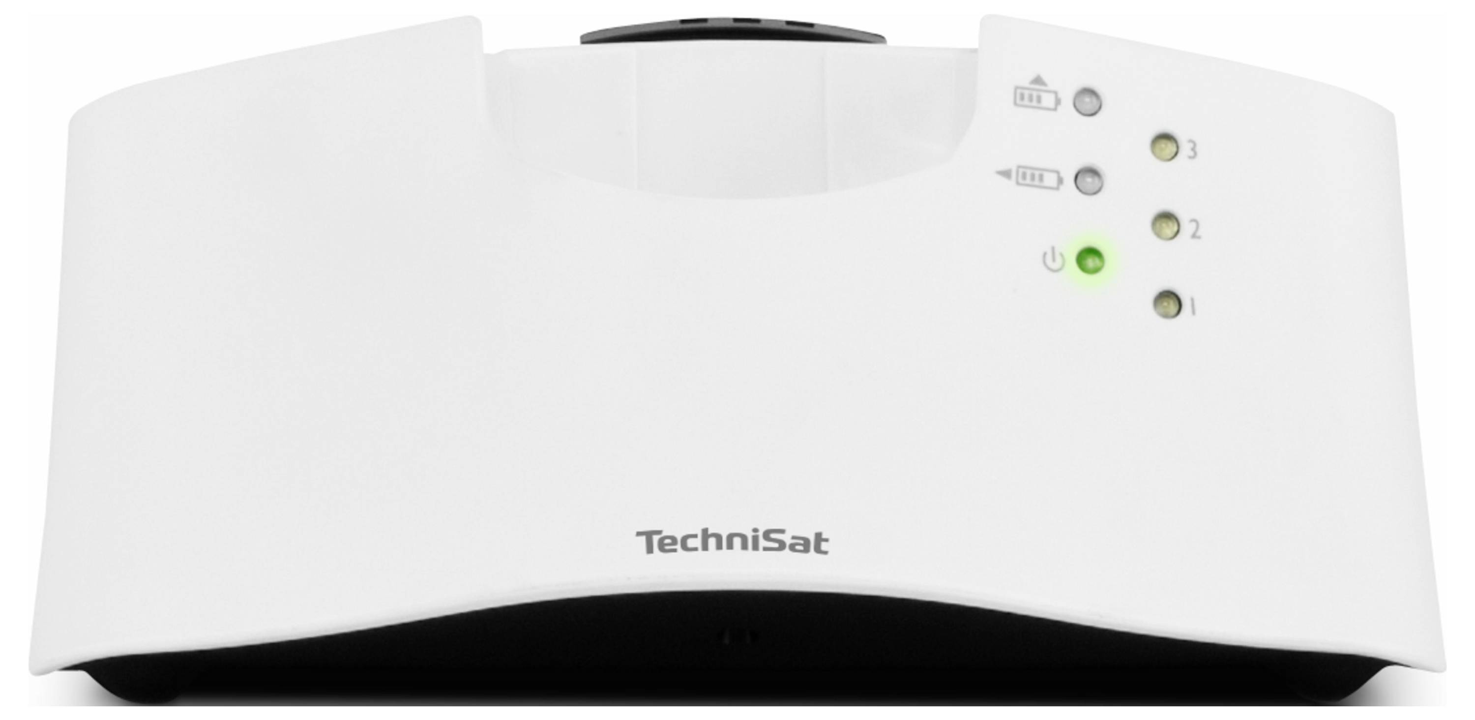 A white Technisat device with three indicator lights and control elements on the front, used for operation or control.
