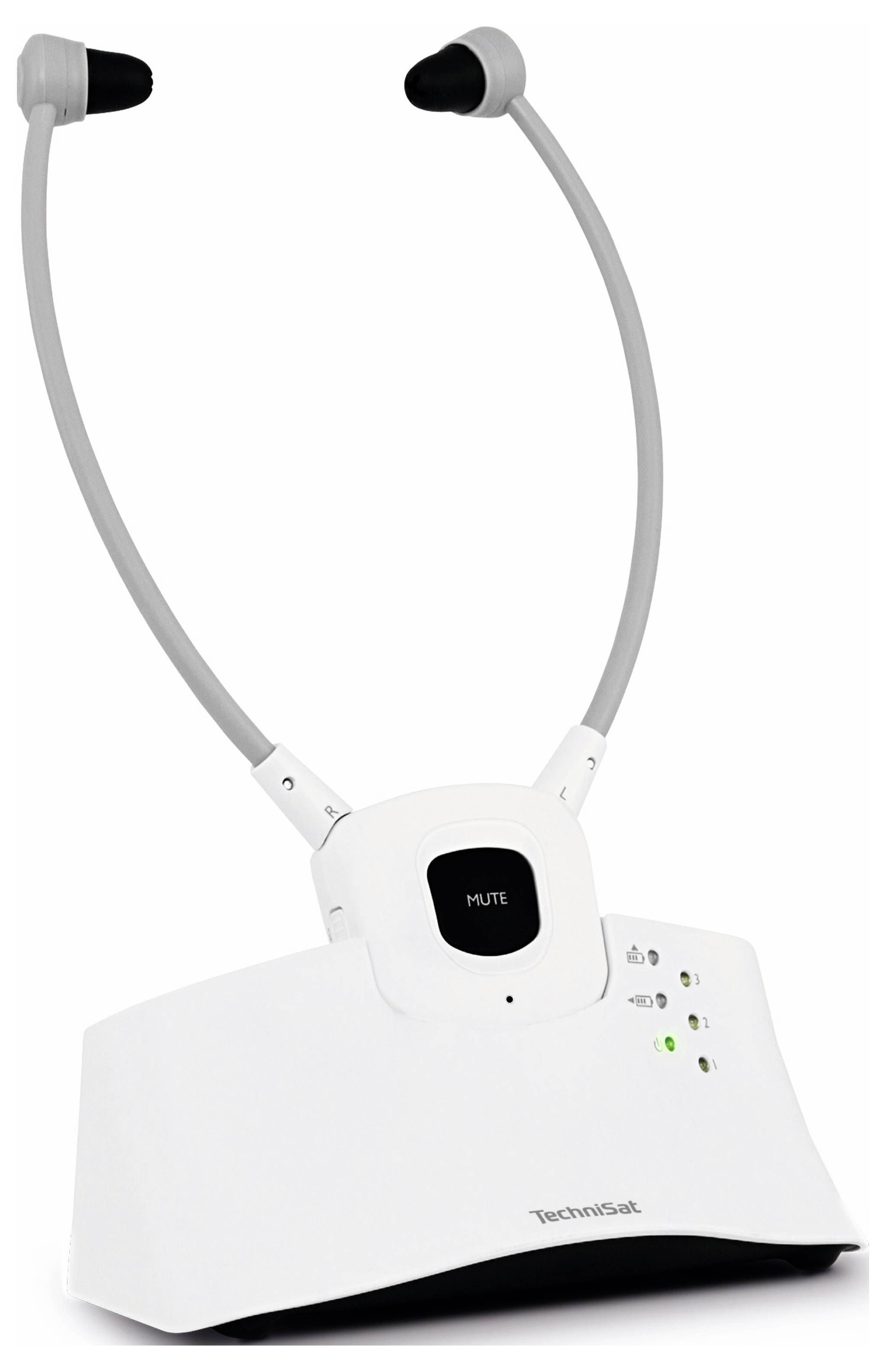 Wired headset with headband support, light grey earbuds, and white control unit. Mute and volume control buttons are visible.