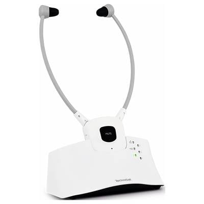 Wired headset with headband support, light grey earbuds, and white control unit. Mute and volume control buttons are visible.