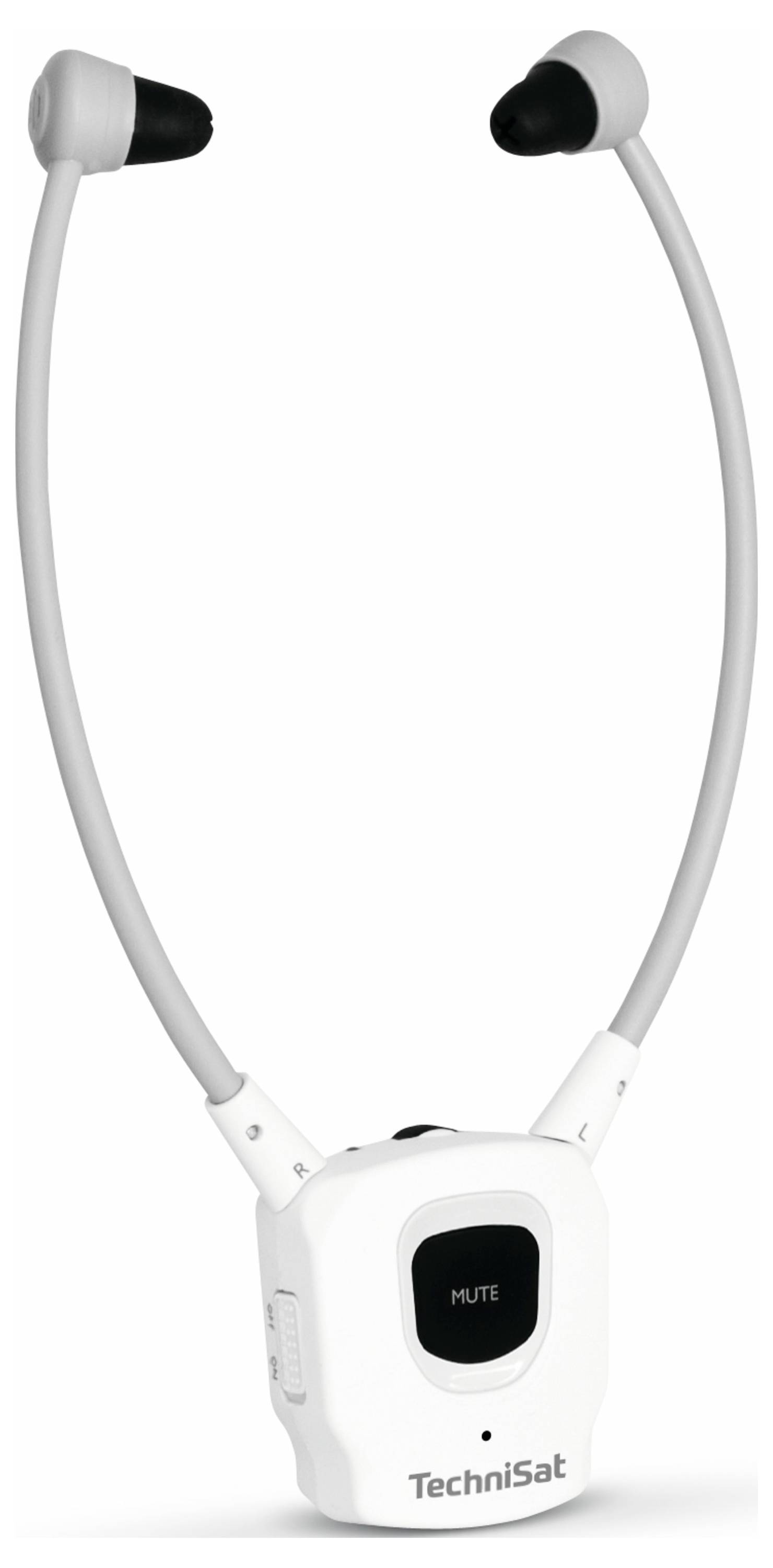 Portable wireless neckband headphones in white, featuring a 'Mute' button on the control panel, suitable for listening to music or watching television.