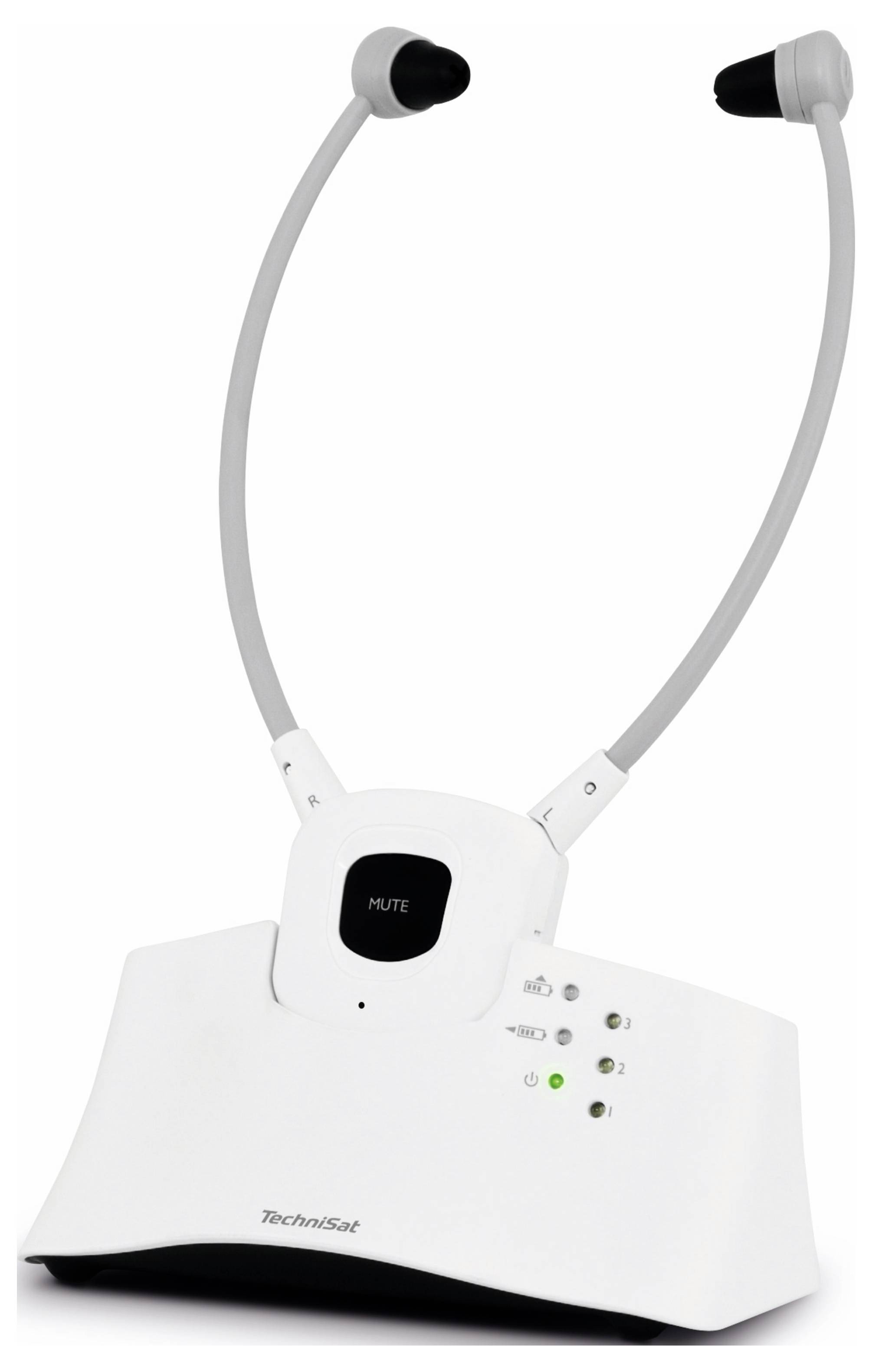 Wireless TV headphones on charging station. Two earbuds, with 'MUTE' button in the middle of the headband and LED indicators on the base station.