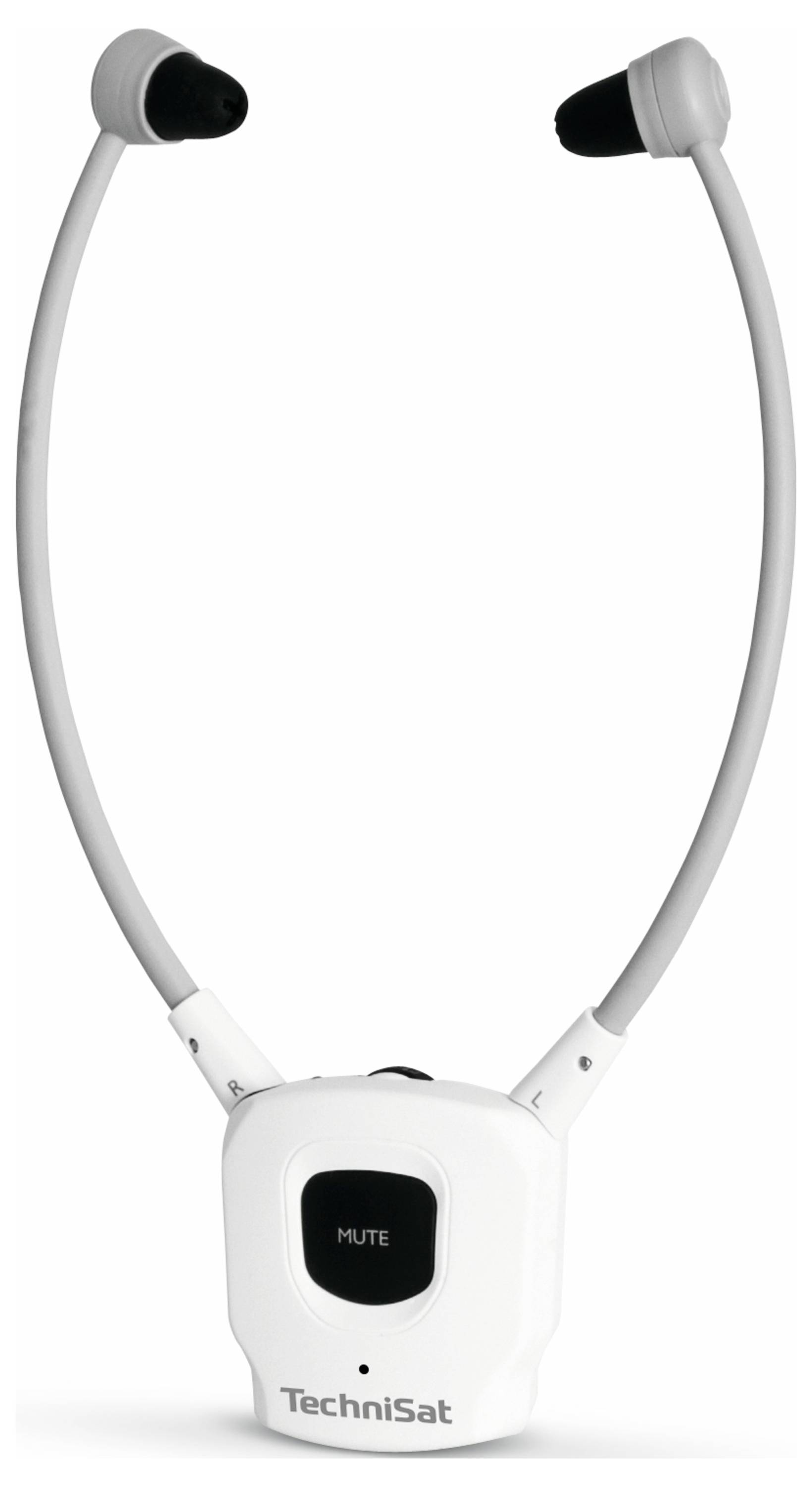 A white neckband headphone with a 'Mute' button. 'TechniSat' brand name visible on the front.