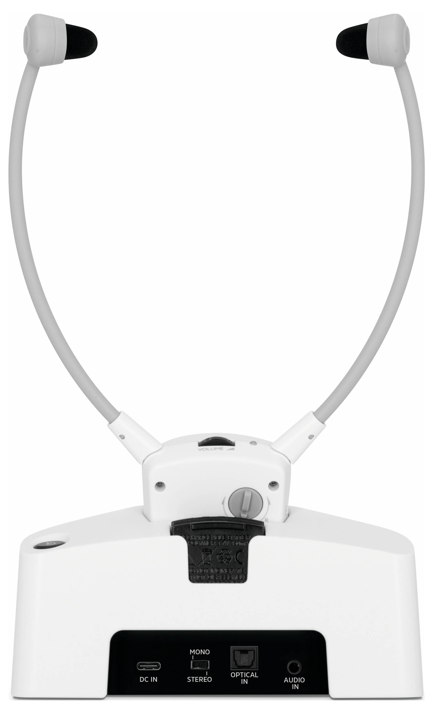 A wireless chin-support headphone with base station, suitable for connecting to audio sources, provides clear sound for hearing-impaired individuals.