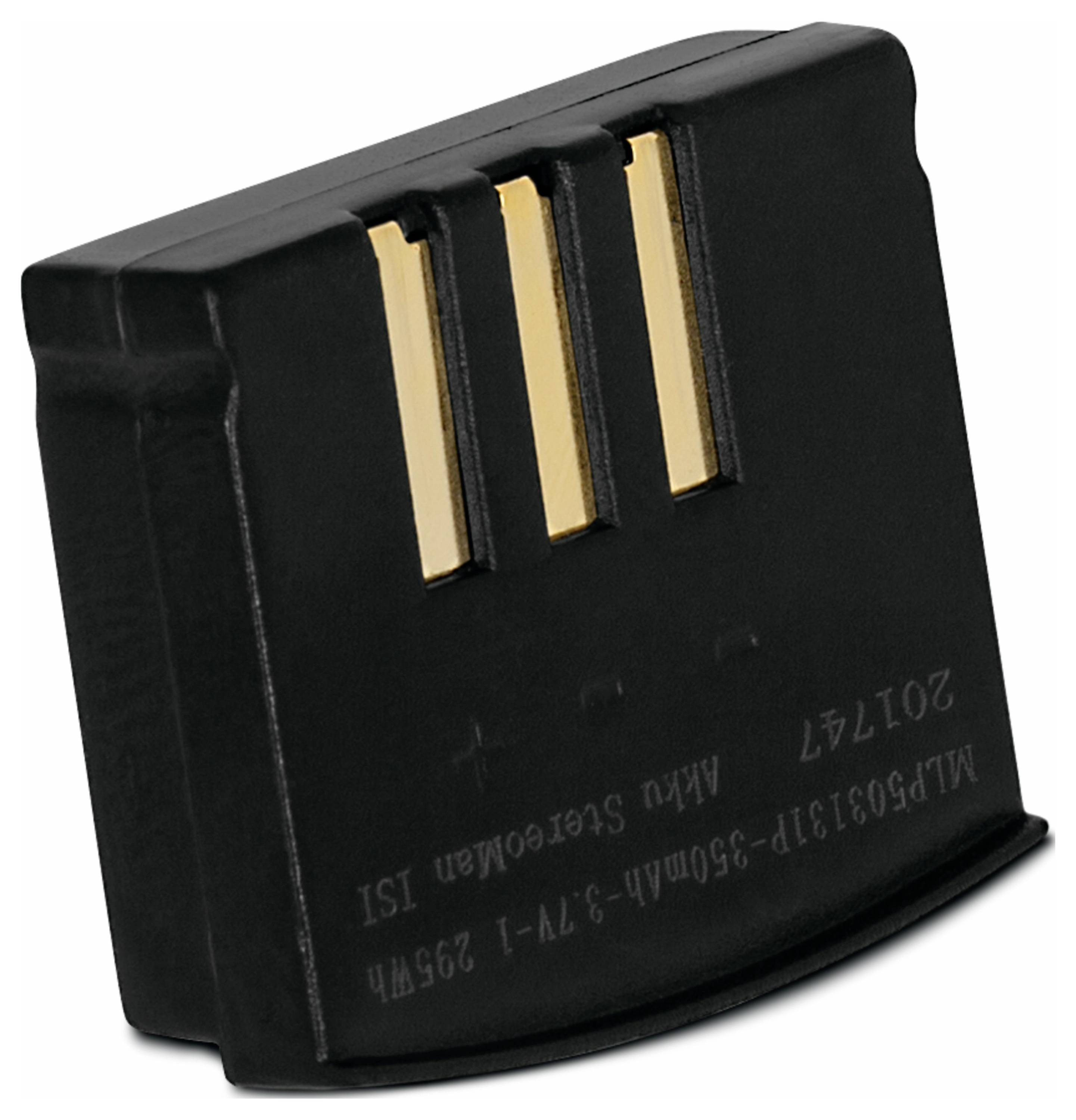 A black battery with three golden contacts and engraving on the front. Battery for electronic devices, rectangular shape.